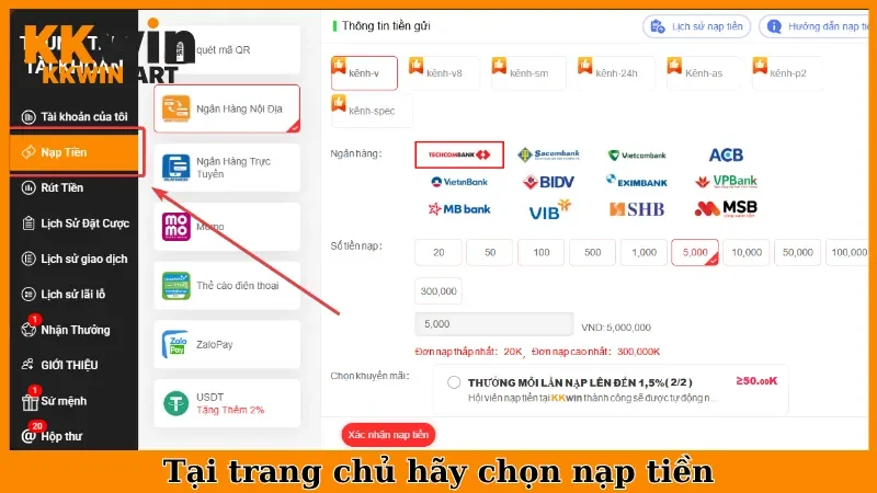 Tại trang chủ hãy chọn nạp tiền