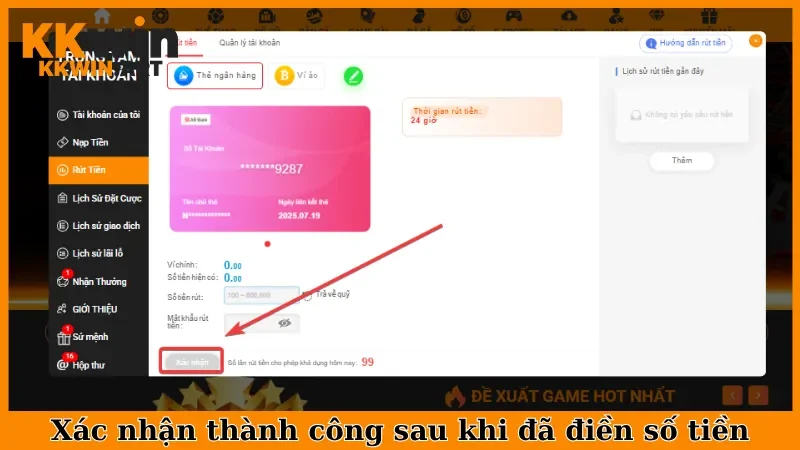 Xác nhận thành công sau khi đã điền số tiền